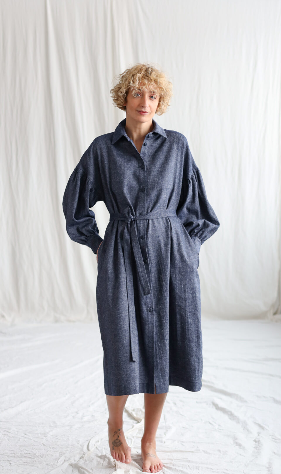 Linen wool shirtdress with dropped puffy sleeves | Dress | Sustainable clothing | OffOn clothing