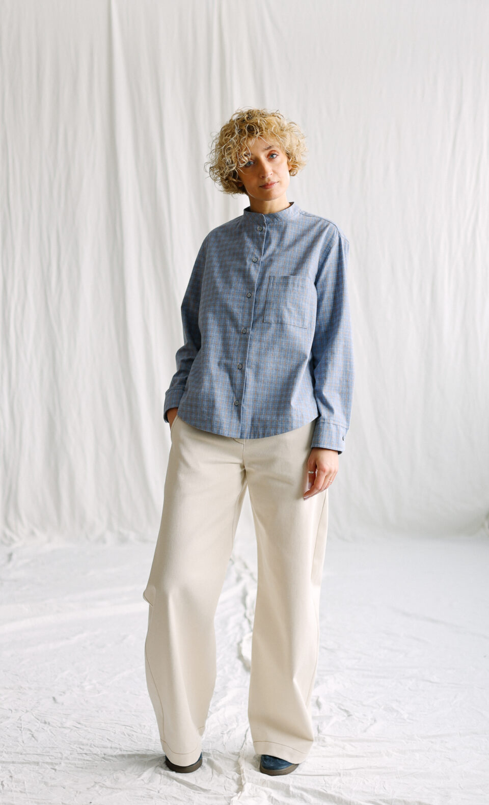 Mandarin collar shirt in light blue plaid brushed cotton REINE | Top | Sustainable clothing | OffOn clothing