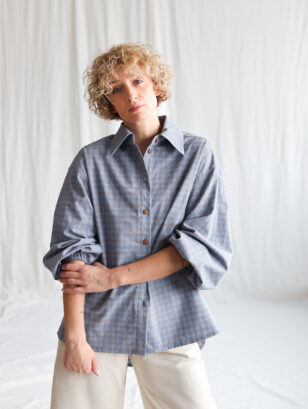 Light blue brushed plaid cotton oversized shirt ELIAN | Top | Sustainable clothing | OffOn clothing
