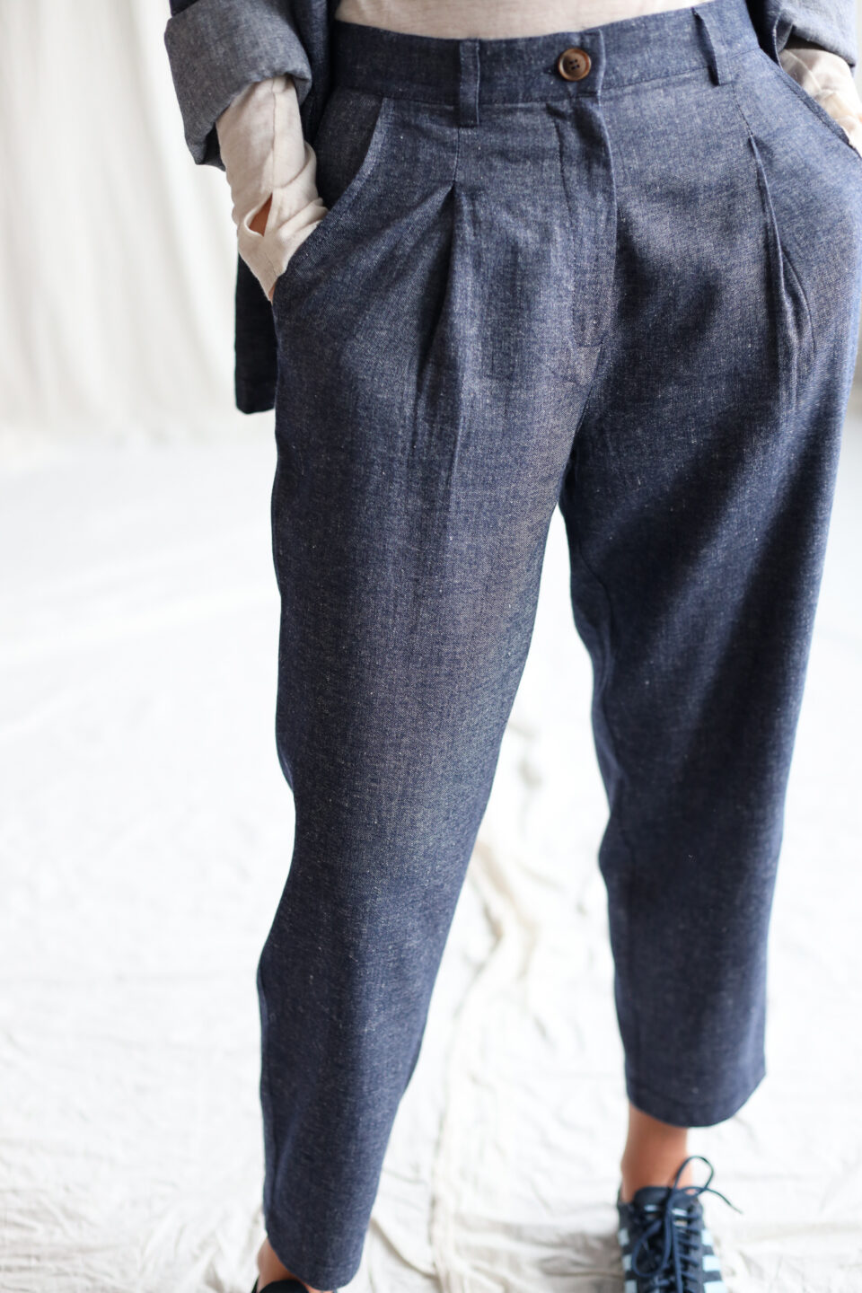 Boxy wool and linen tapered leg trousers | Trousers | Sustainable clothing | OffOn clothing