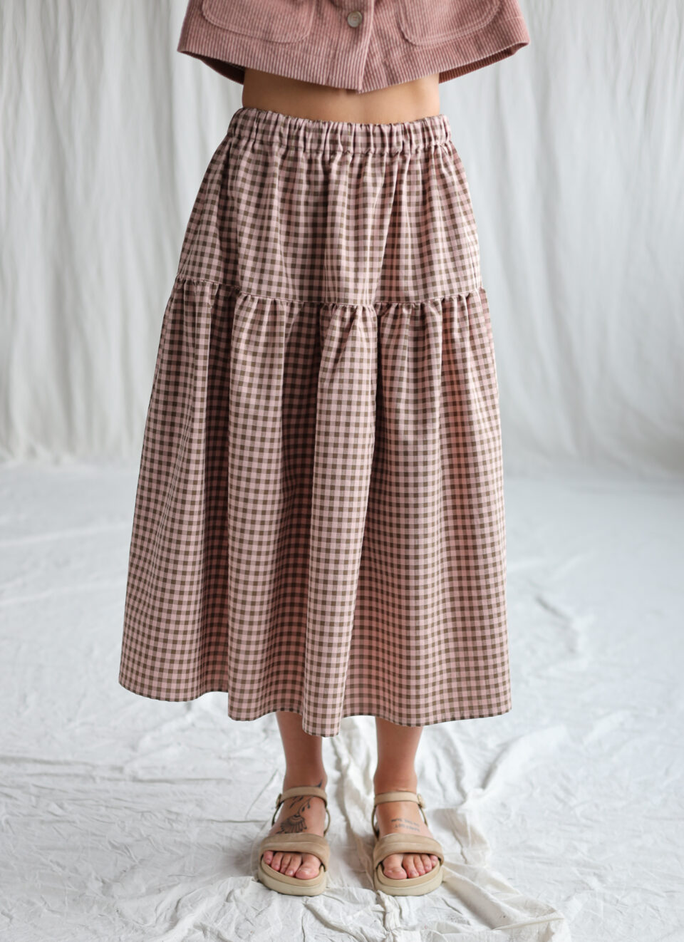 Gingham organic cotton elasticated waist skirt | Skirt | Sustainable clothing | OffOn clothing