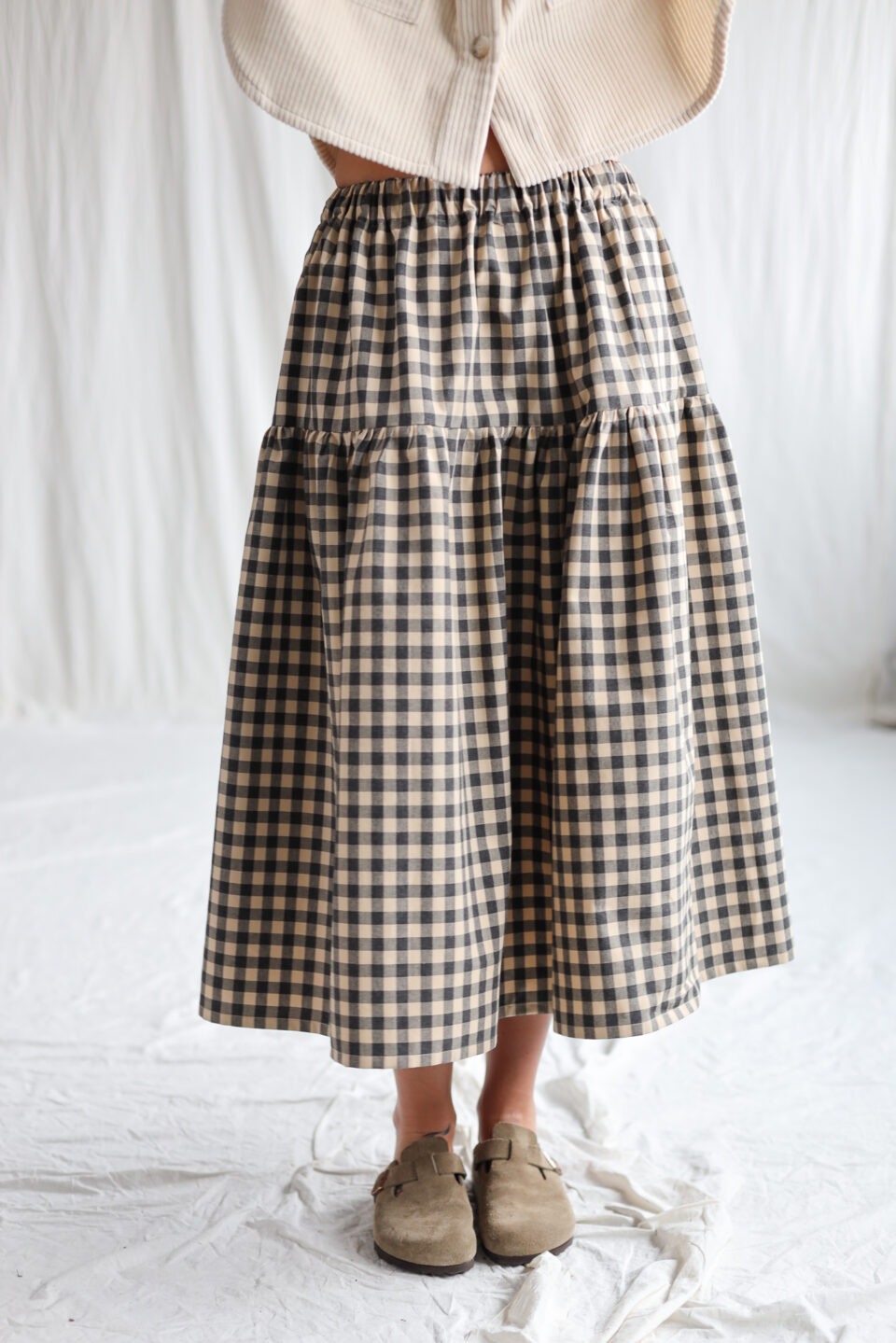 Gingham organic cotton tiered skirt with elasticated waist | Skirt | Sustainable clothing | OffOn clothing