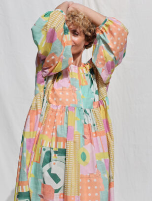 Oversized voluminous sleeves abstract print silky cotton dress GRETA | Dress | Sustainable clothing | OffOn clothing