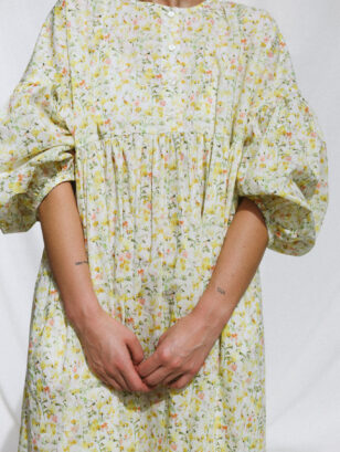 Oversized voluminous sleeves floral print silky cotton dress GRETA | Dress | Sustainable clothing | OffOn clothing