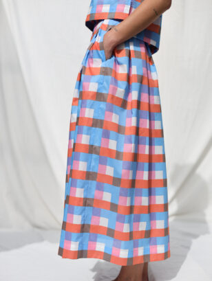 Checks print silky cotton pleated skirt | Skirt | Sustainable clothing | OffOn clothing