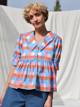 Sailor collar checks print silky cotton babydoll blouse PALOMA | Blouse | Sustainable clothing | OffOn clothing
