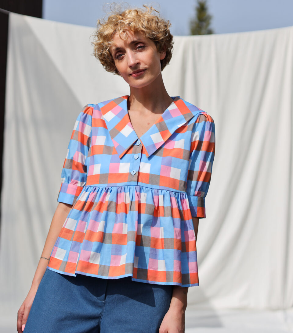 Sailor collar checks print silky cotton babydoll blouse PALOMA | Blouse | Sustainable clothing | OffOn clothing