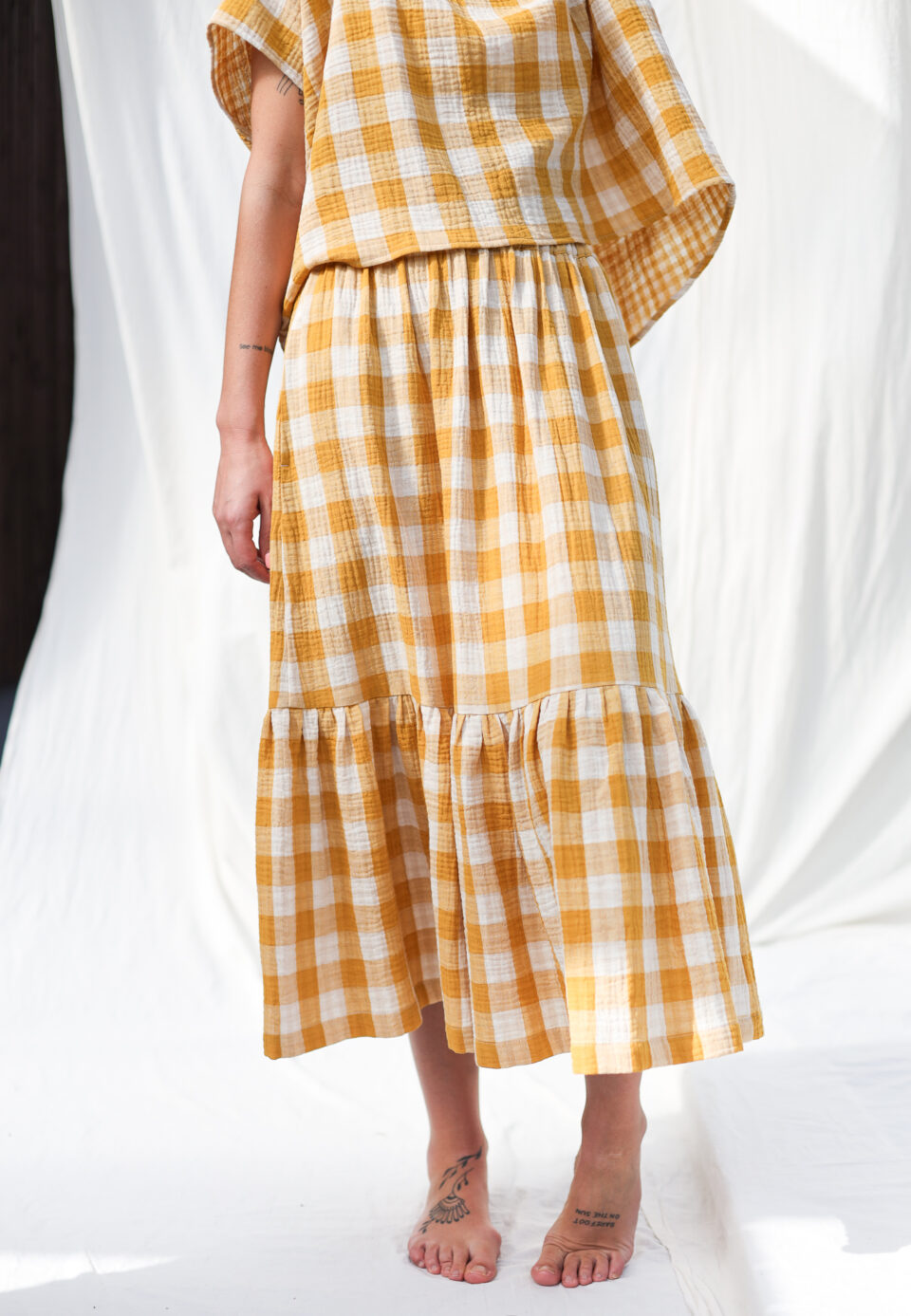 Double gauze mustard checks skirt with elastic waistband | Skirt | Sustainable clothing | OffOn clothing