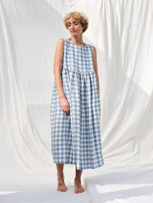 Linen light blue checks sleeveless smock dress | Dress | Sustainable clothing | OffOn clothing