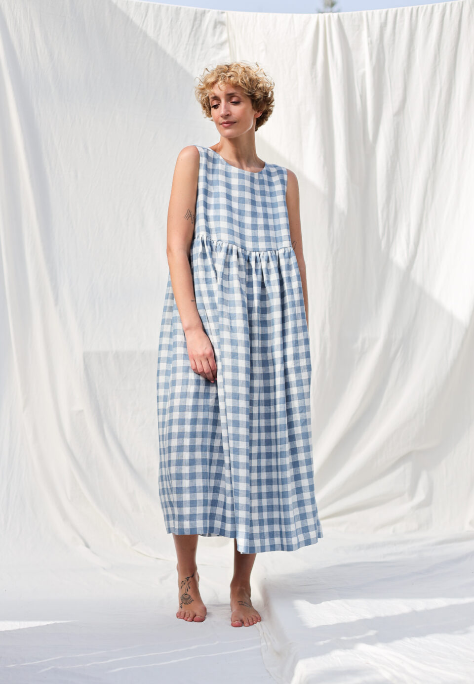 Linen light blue checks sleeveless smock dress | Dress | Sustainable clothing | OffOn clothing