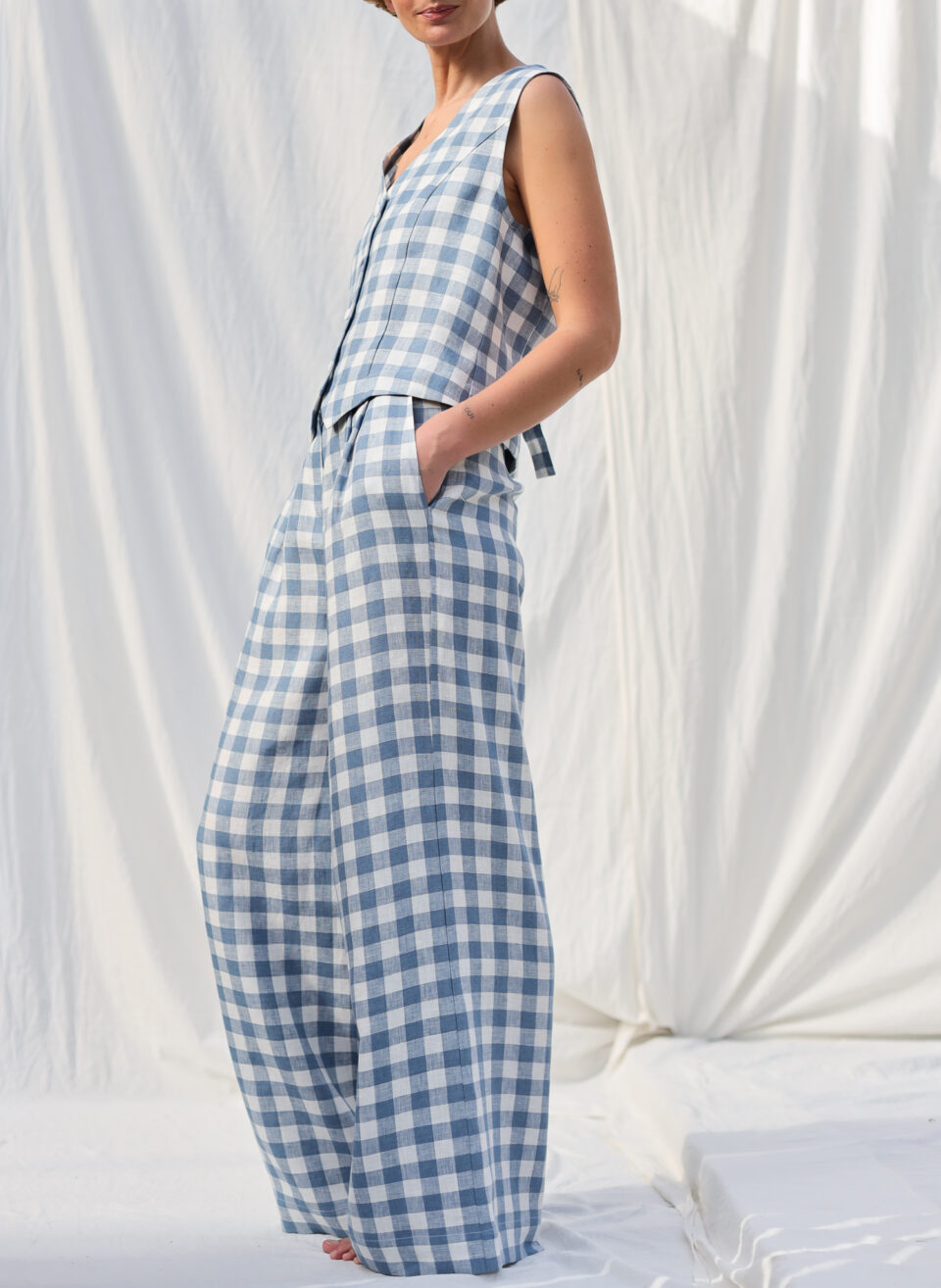 Checkered linen wide leg palazzo pants | Trousers | Sustainable clothing | OffOn clothing