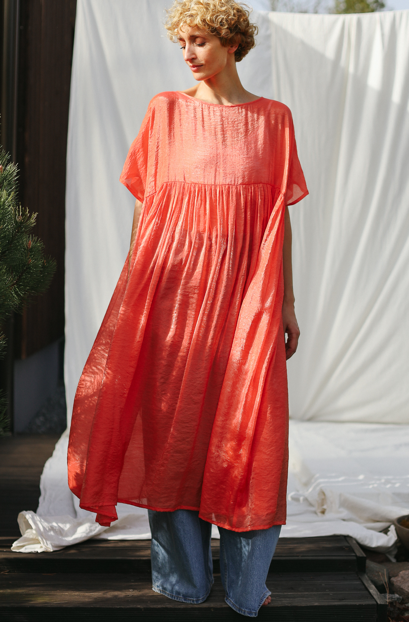 Coral viscose organza oversized dress SILVINA – OffOn