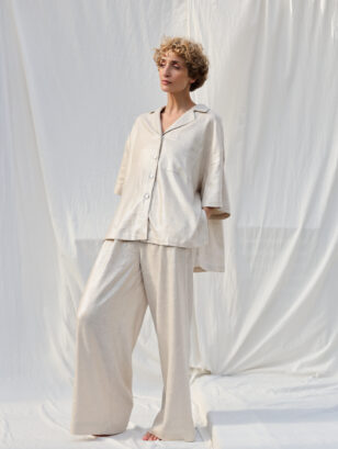 Silver metallic linen and viscose wide leg palazzo pants | Trousers | Sustainable clothing | OffOn clothing