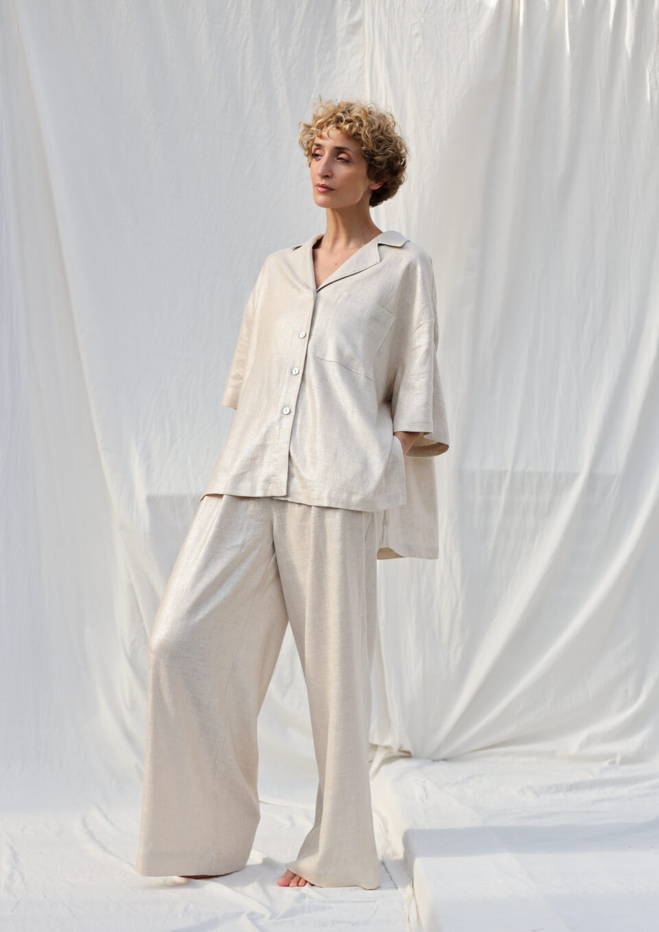 Silver metallic linen and viscose wide leg palazzo pants | Trousers | Sustainable clothing | OffOn clothing