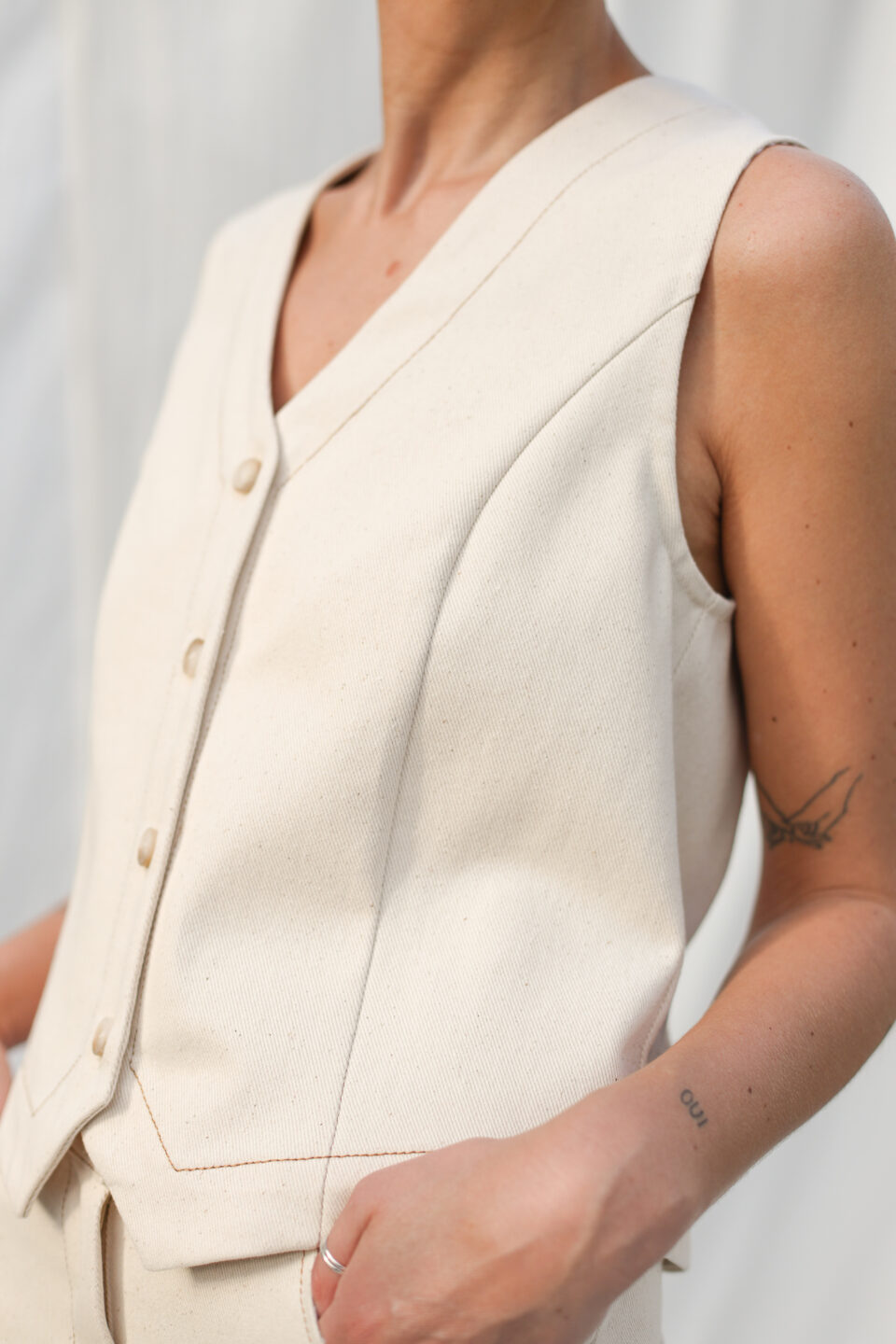 Natural canvas cotton contrast stitch waistcoat | Vest | Sustainable clothing | OffOn clothing