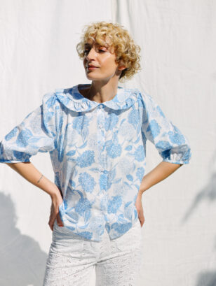Peter Pan collar silky cotton blouse AZURE | Top | Sustainable clothing | OffOn clothing