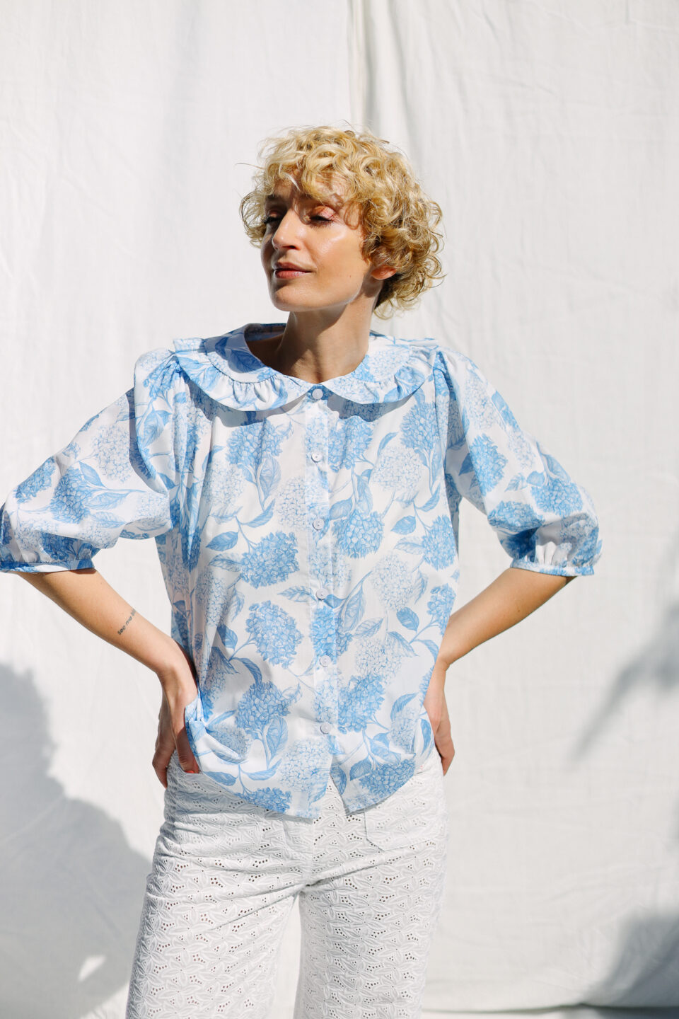 Peter Pan collar silky cotton blouse AZURE | Top | Sustainable clothing | OffOn clothing