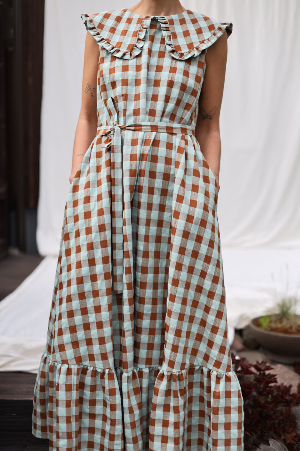 Puritan collar A line Maxi seersucker checks dress PHOEBE | Dress | Sustainable clothing | OffOn clothing