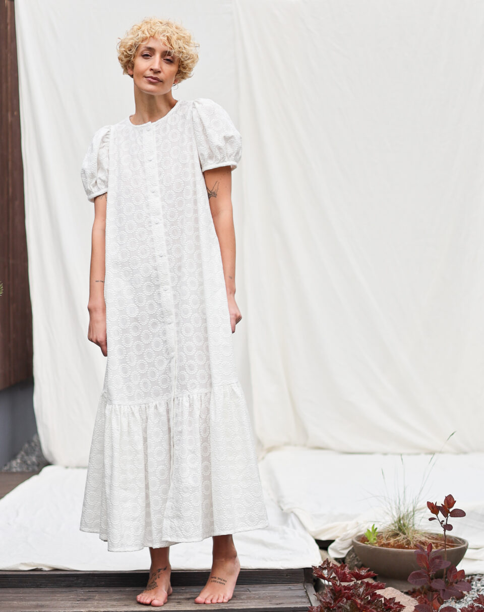 Embroidered cotton puffy sleeves dress AGATHE | Dress | Sustainable clothing | OffOn clothing