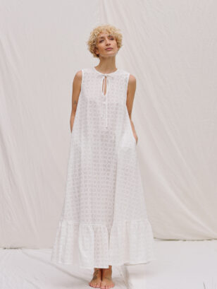 Embroidery cotton sleeveless Maxi dress with a front tie | Dress | Sustainable clothing | OffOn clothing