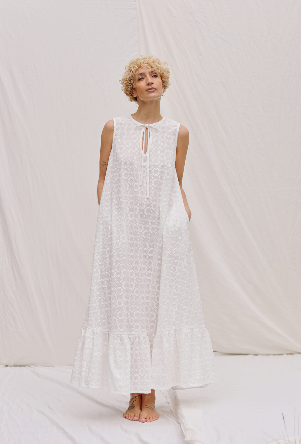 Embroidery cotton sleeveless Maxi dress with a front tie | Dress | Sustainable clothing | OffOn clothing