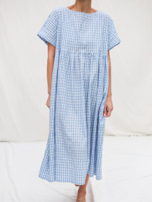 Oversized light blue seersucker checks dress SILVINA | Dress | Sustainable clothing | OffOn clothing