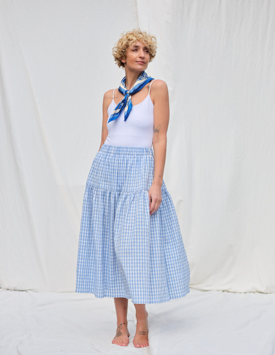 Elasticated waist airy skirt in light blue seersucker checks | Dress | Sustainable clothing | OffOn clothing