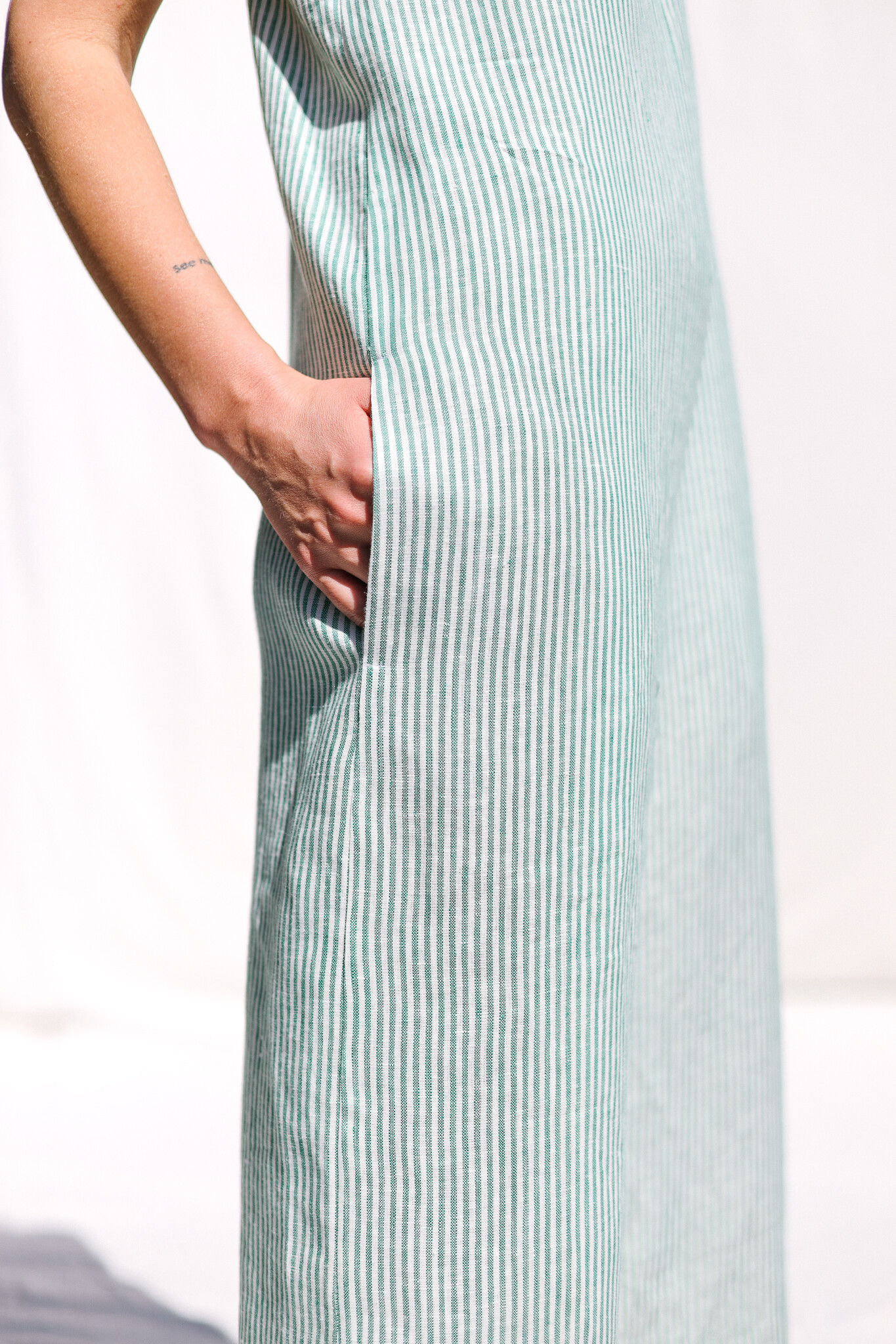 5212304 Beige Striped Linen Strap Jumpsuit