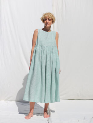 Sleeveless linen smock dress in green stripes | Dress | Sustainable clothing | OffOn clothing