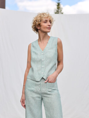Elegant linen waistcoat in green stripes | Waistcoat | Sustainable clothing | OffOn clothing