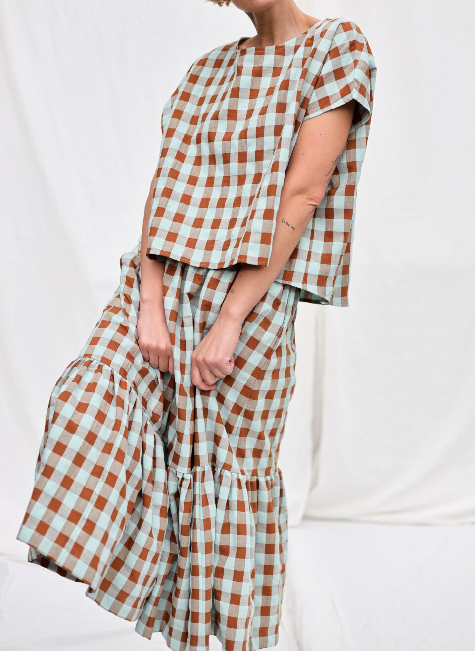Seersucker checks elasticated waist ruffled skirt | Skirt | Sustainable clothing | OffOn clothing