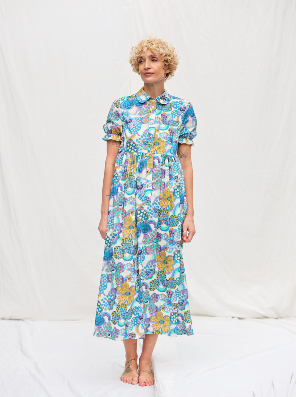 Peter Pan collar ruffled sleeves dress in FAUVISIM FLORAL blue print | Dress | Sustainable clothing | OffOn clothing