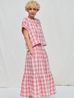 Elasticated waist ruffled hem skirt in pink double gauze checks | Skirt | Sustainable clothing | OffOn clothing