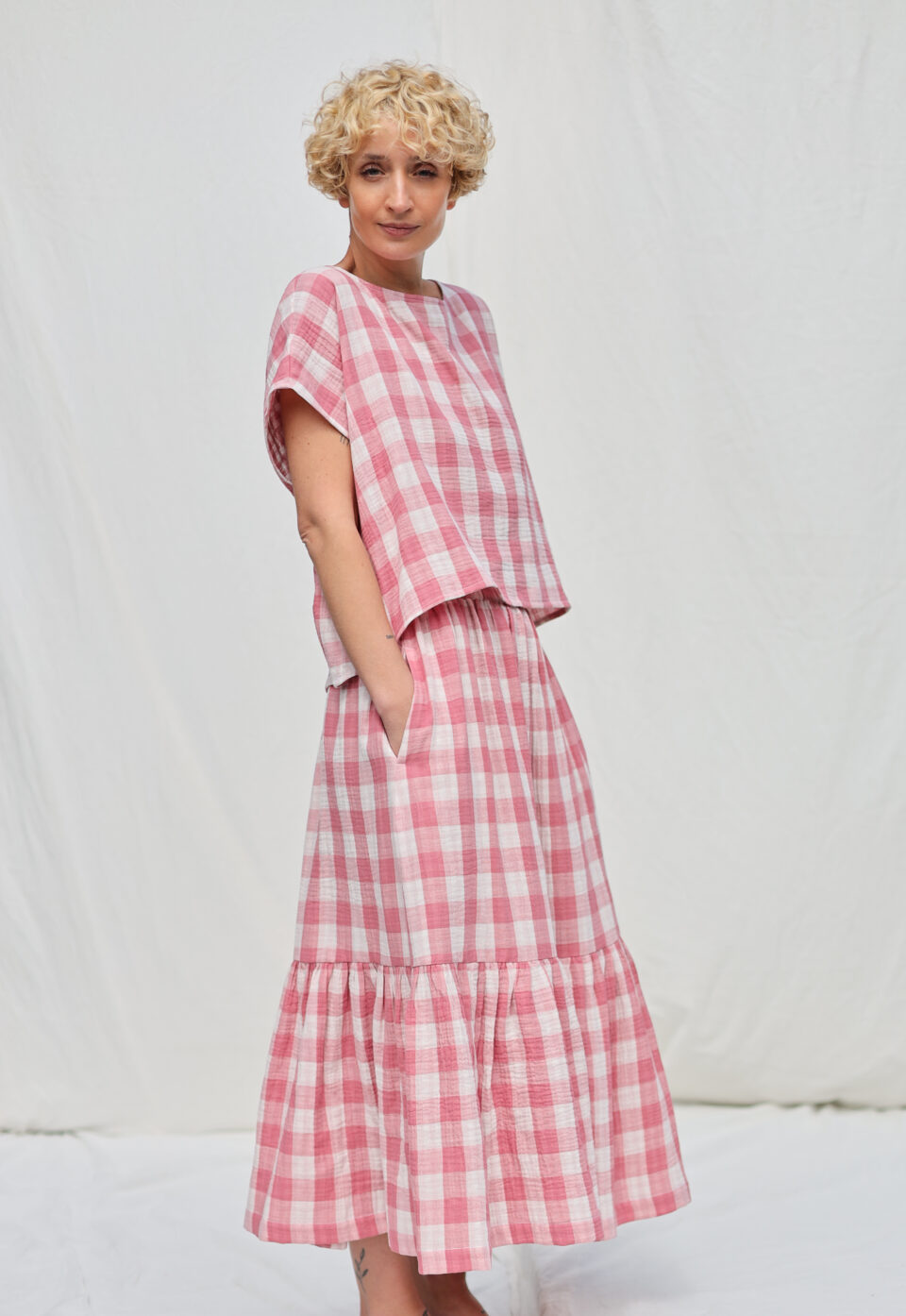 Elasticated waist ruffled hem skirt in pink double gauze checks | Skirt | Sustainable clothing | OffOn clothing