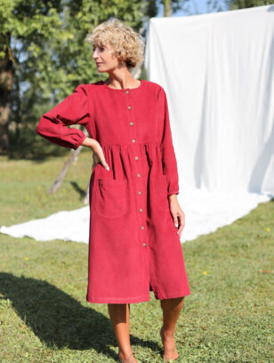 Burgundy needlecord long sleeve dress with pockets | Dress | Sustainable clothing | OffOn clothing