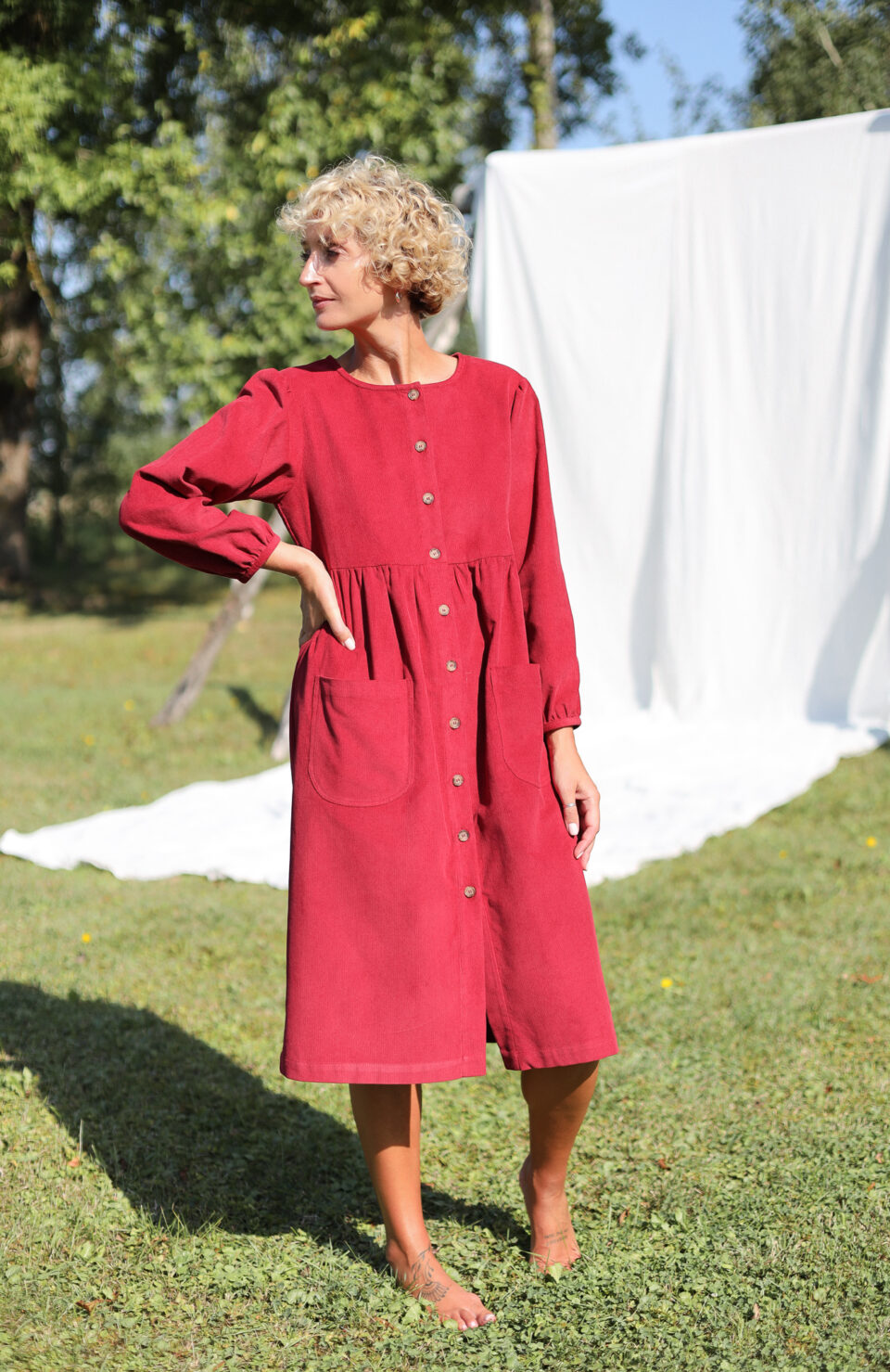 Burgundy needlecord long sleeve dress with pockets | Dress | Sustainable clothing | OffOn clothing