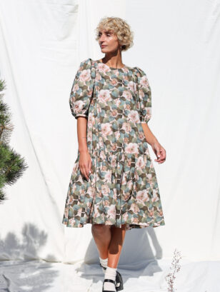 Puffy Sleeves Midi Dress in big flowers print ROSEA | Dress | Sustainable clothing | OffOn clothing