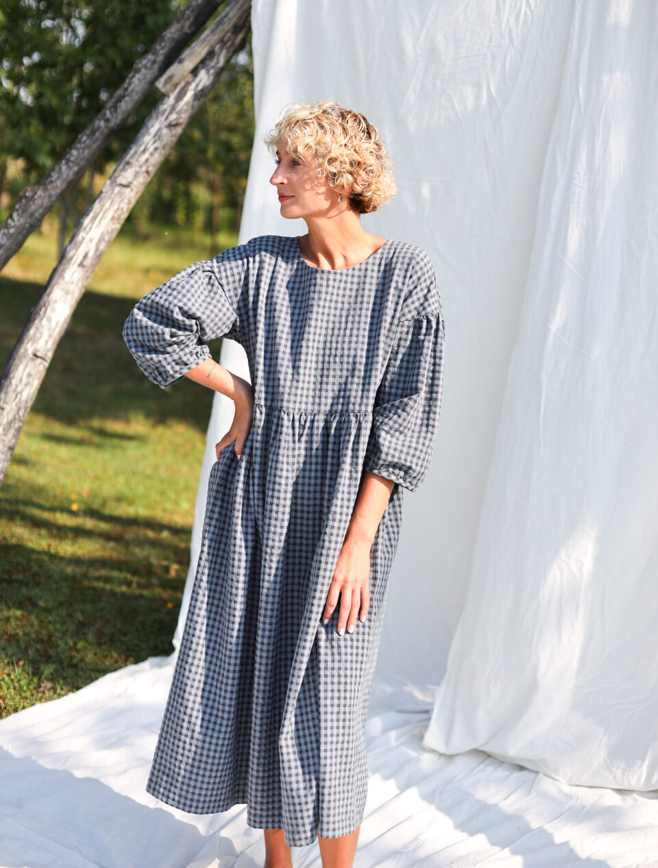 Loose dropped shoulders dress PERLA in duck blue checks | Dress | Sustainable clothing | OffOn clothing