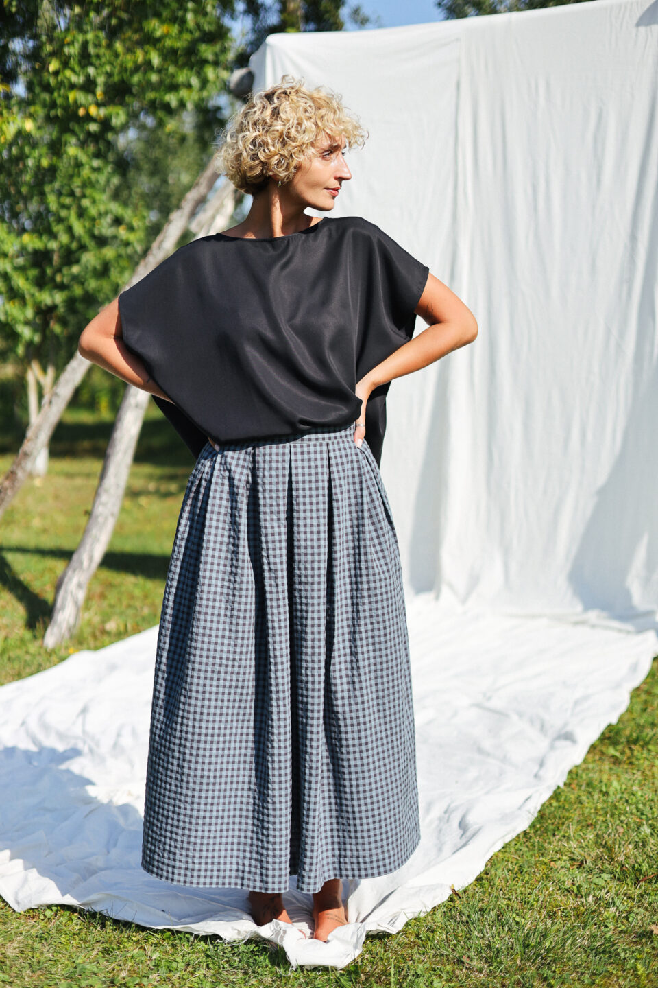 Duck blue checks Maxi pleated skirt | Skirt | Sustainable clothing | OffOn clothing