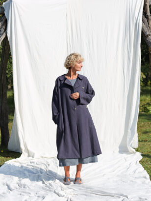 Heavy linen oversized coat in navy blue color | Coat | Sustainable clothing | OffOn clothing