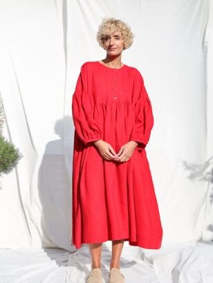 Red linen oversized voluminous sleeves dress GRETA | Dress | Sustainable clothing | OffOn clothing