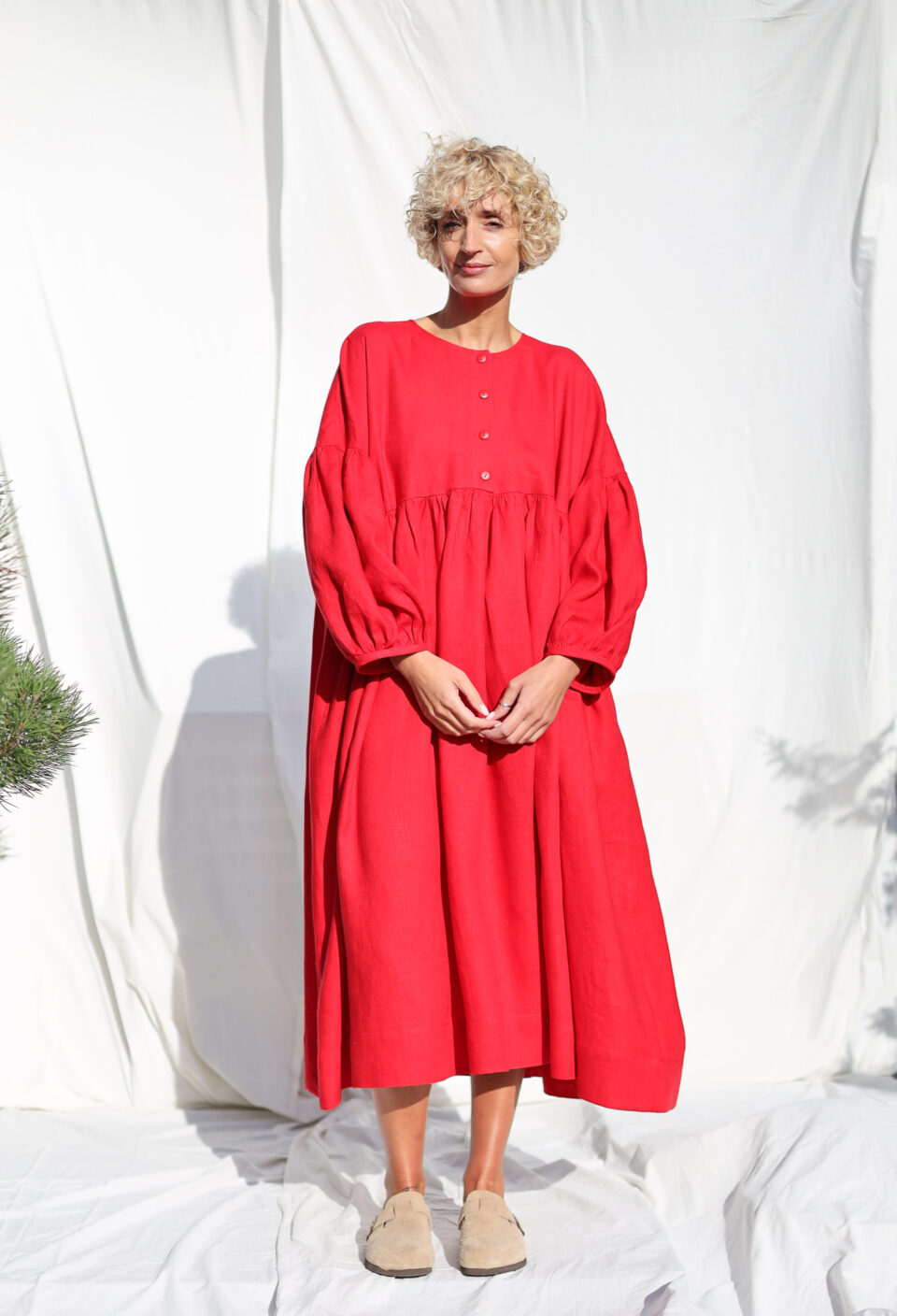 Red linen oversized voluminous sleeves dress GRETA | Dress | Sustainable clothing | OffOn clothing