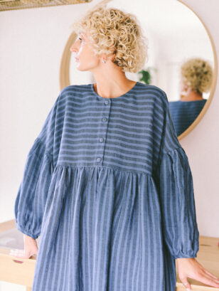 Oversized voluminous sleeves linen dress GRETA in stripes | Dress | Sustainable clothing | OffOn clothing