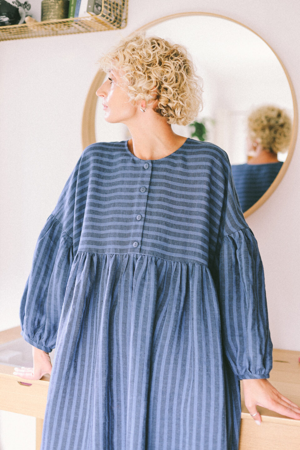 Oversized voluminous sleeves linen dress GRETA in stripes | Dress | Sustainable clothing | OffOn clothing