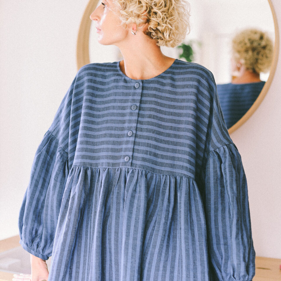 Oversized voluminous sleeves linen dress GRETA in stripes | Dress | Sustainable clothing | OffOn clothing