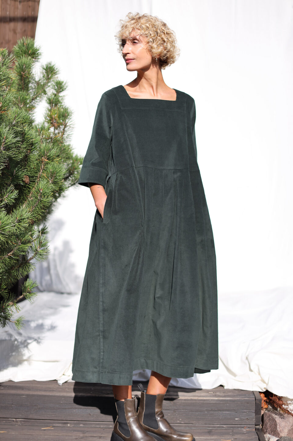 Oversized Needlecord Dress VALERIE in dark sage color | Dress | Sustainable clothing | OffOn clothing