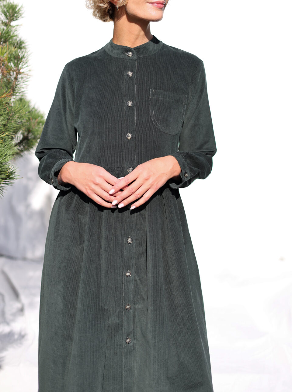 Needlecord long sleeve grandad collar shirtdress CORA in dark sage color | Dress | Sustainable clothing | OffOn clothing