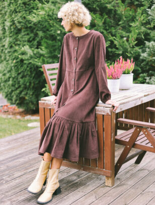 Loose long sleeve ruffled hem needlecord dress | Dress | Sustainable clothing | OffOn clothing