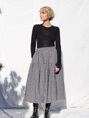 Striped linen elasticated waist Midi skirt | Skirt | Sustainable clothing | OffOn clothing