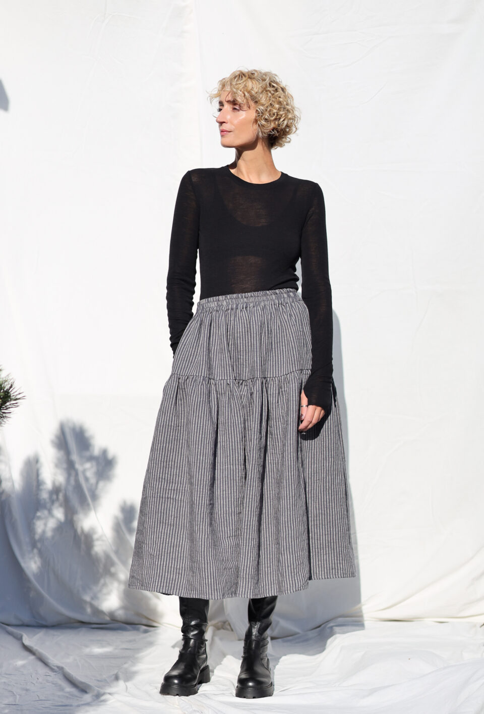 Striped linen elasticated waist Midi skirt | Skirt | Sustainable clothing | OffOn clothing